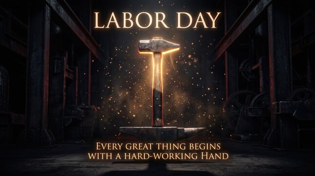 Labor Day industrial background with glowing hammer, cinematic workshop scene for holiday greeting, hard working hand concept
