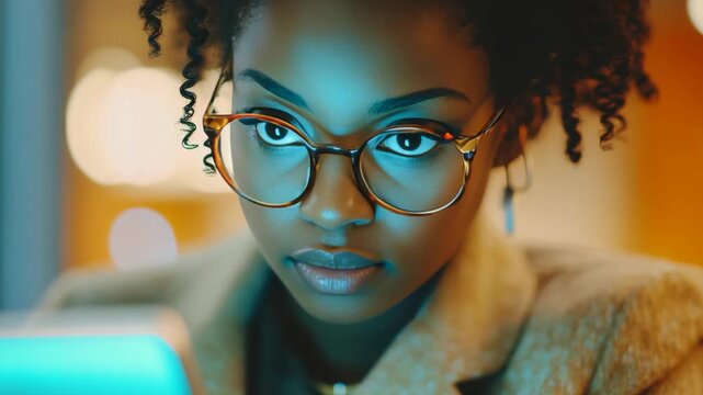 A young woman wearing glasses working on a laptop indoors with soft lighting in the background. She appears concentrated on her screen.