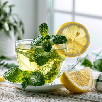 Fresh mint tea with lemon on a wooden table near a window during daytime