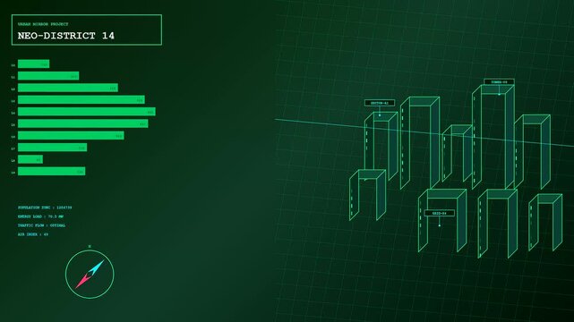 Digital twins displayed on a dark virtual interface showing glowing green city infrastructure models with data charts and geometric structures appearing in this motion sequence