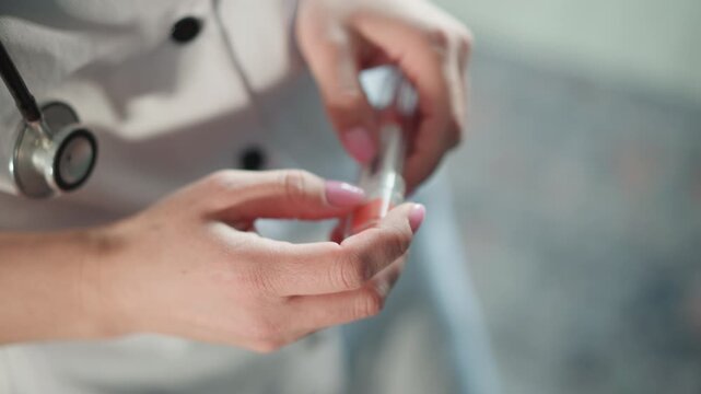 Caucasian doctor demonstrating glucose meter reading closeup, stethoscope visible, hands holding test strip and device, digital display focus, sterile technique and diagnostic precision in clinic