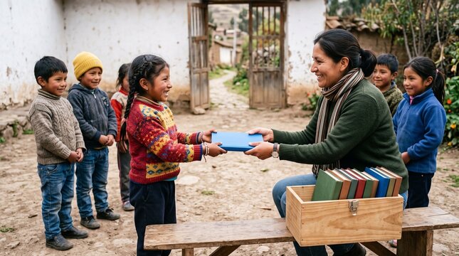Educator shares books with children at a rural learning session