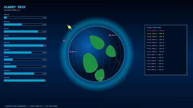 Digital twins displayed on a sleek software interface showing planetary satellite data with glowing charts and rotating earth models captured during a complex animated data sequence