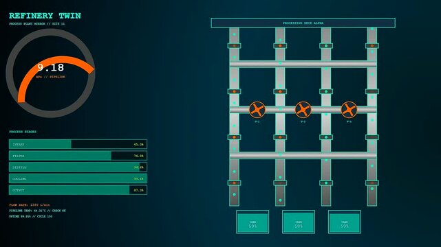 Monitoring refinery digital twins with dynamic circular data charts and vertical pipeline flow diagrams displaying fluctuating levels within industrial computer software interfaces on a dark screen