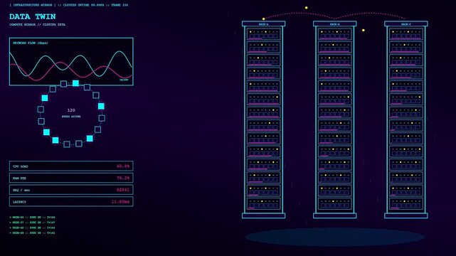 Digital twins displayed on a dark glowing interface showing server rack clusters with shifting data graphs and numerical metrics changing in real time animation loop cycle