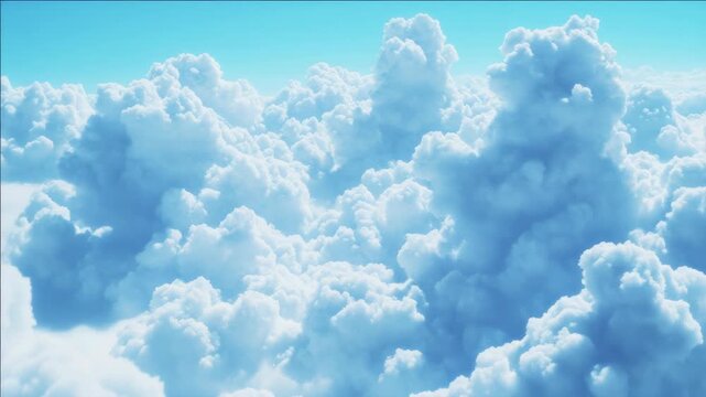 Vast, fluffy clouds drift against a clear, bright blue sky. Soft, puffy cumulus clouds float peacefully above. Sky's serene blue tones frame the cloud formation. Light catches cloud edges