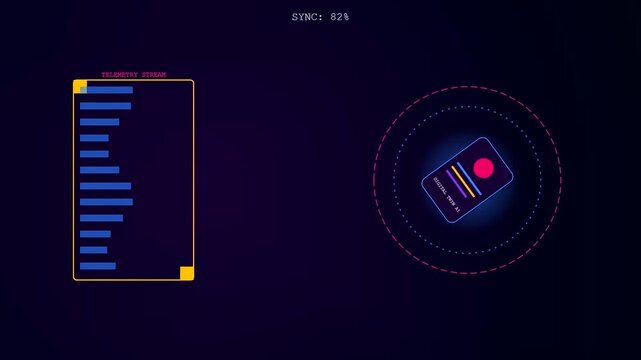 Innovative digital twins are depicted through rotating graphical interfaces featuring streaming data modules while showing cycling progress percentages on a dark gradient virtual screen display field