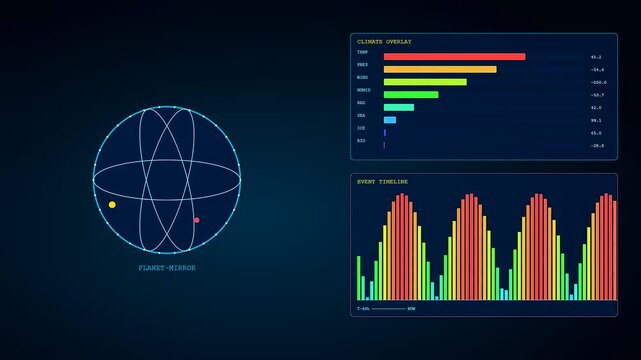A sophisticated digital twins display features evolving globe models with oscillating light orbits and glowing vertical bar graphs rendered in a dark blue laboratory monitor interface