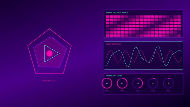 A sequence showing digital twins interface display with oscillating waveforms moving line graphs plus shifting geometric pentagon shapes on a dark purple screen for data analytics