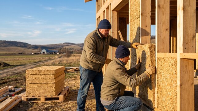 Workers install straw fiber insulation in a timber wall