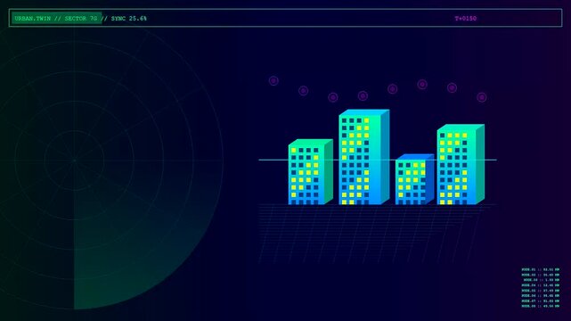 Digital twins displayed as animated isometric city blocks with glowing lights on a dark screen interface showing real time metrics of urban infrastructure performance cycles
