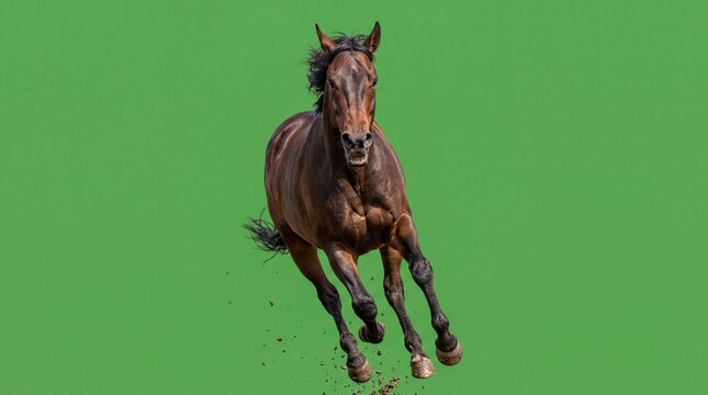 Detailed realistic horse galloping directly toward the camera with dramatic motion on a green screen background, powerful bay stallion running isolated for vfx compositing.