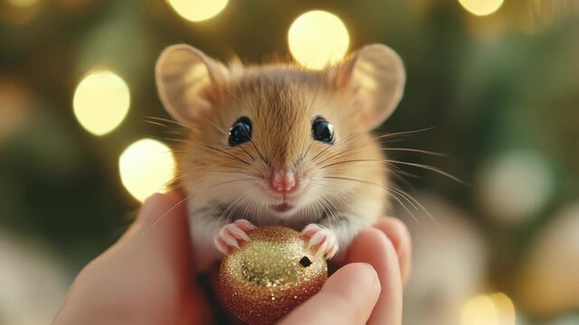 A small rodent sits comfortably inside a festive ornament while someone's hand supports it from behind. The background is filled with holiday cheer.