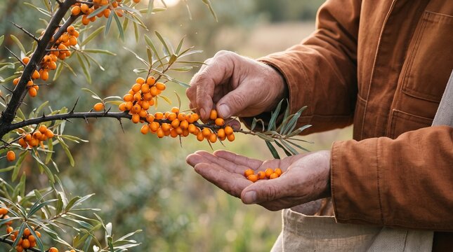 Hands gather ripe sea buckthorn berries from a field branch