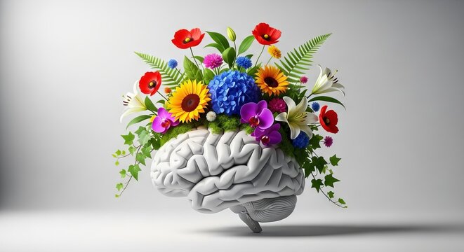 Vibrant flowers and lush green plants bloom from a human brain anatomical model, symbolizing mental growth, intelligence, and creative learning, bloom, mental health, thought