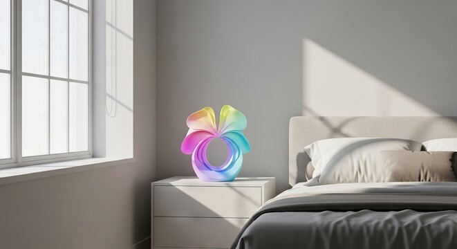 A bright minimalist bedroom features neutral linens and a sleek bedside table holding a modern abstract floral sculpture in soft sunlight, beige, clean, furniture