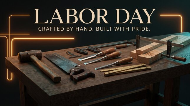 Labor Day banner with woodworking tools on workbench, vintage carpentry equipment for craftsman holiday, rustic wood workshop background