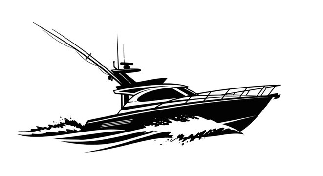 Vector illustration of black and white silhouette of a luxury sport fishing boat on a transparent background
