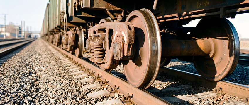 Close-up view of train wheels on railway tracks with gravel and distant freight cars visible