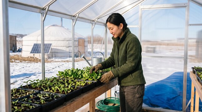 Solar supported winter greenhouse beside a Mongolian ger