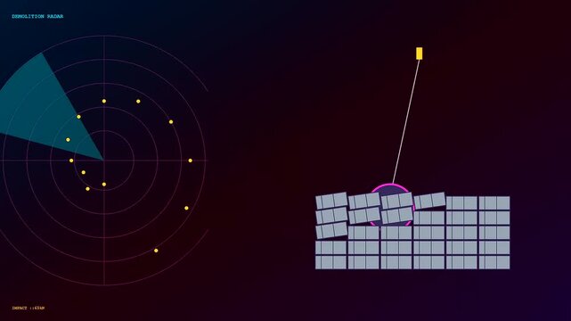 Concrete recycling process shown through a digital radar monitor displaying data of structural demolition phases on a dark blue interface during a simulation of impact