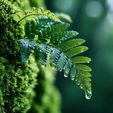 Fresh fern leaf with raindrops on a mossy surface in a forest