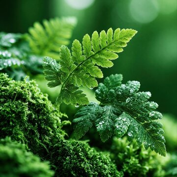 Close view of green leaves and moss in a forest during daytime