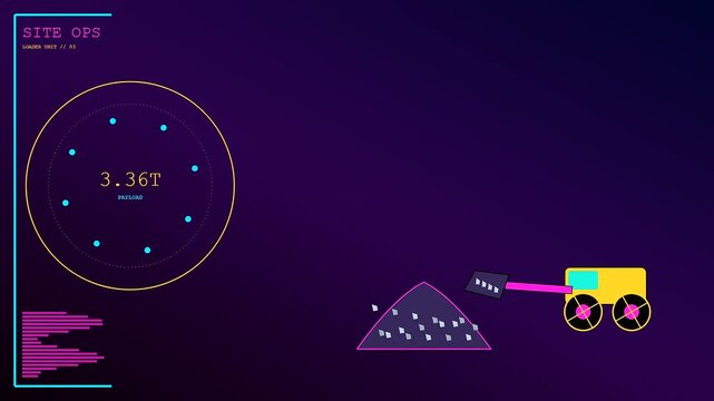 Concrete recycling is depicted through a digital interface showing a robotic loader moving debris while monitoring weight metrics on a dark purple animated display screen