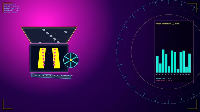 Concrete recycling is displayed on a digital monitor interface featuring animated graphs and cycling data visualizations that pulse with bright neon purple and vibrant cyan lighting