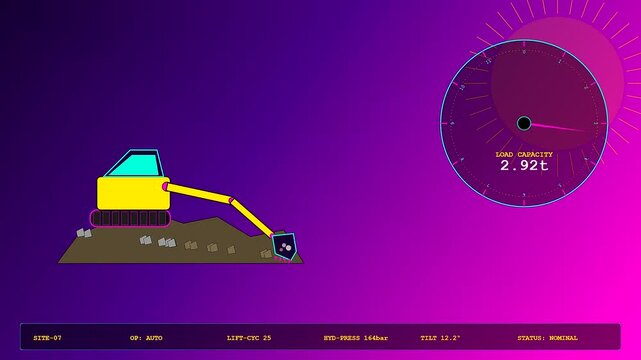 Concrete recycling is displayed through an animated yellow excavator arm interface showing real time data metrics and operational lifting capacity during a heavy construction site activity phase