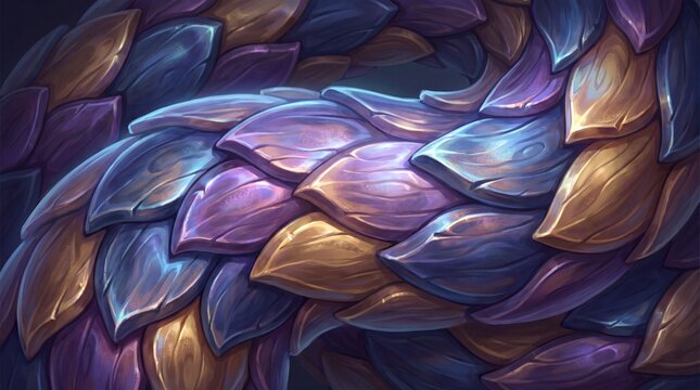 Abstract dragon scale texture with iridescent purple and gold overlays