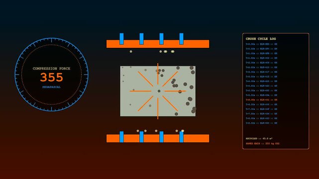 Concrete recycling is depicted through a digital interface showing a press operation as multiple circular gauges measure force levels on fragmented stone and dust particles