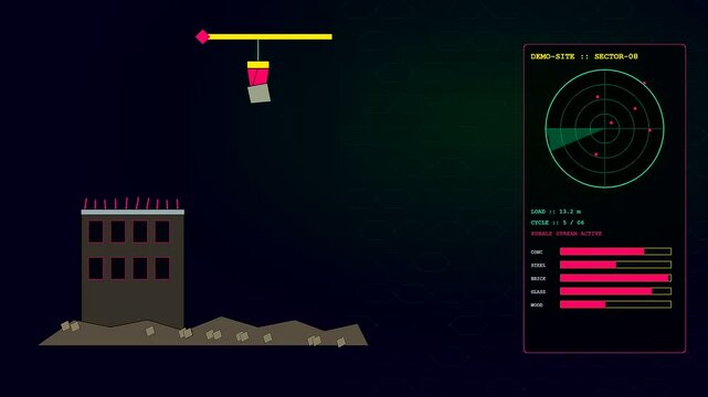 Concrete recycling is demonstrated as a digital crane animation system monitors the destruction of a block structure within a minimalist dark interface for industrial visualization