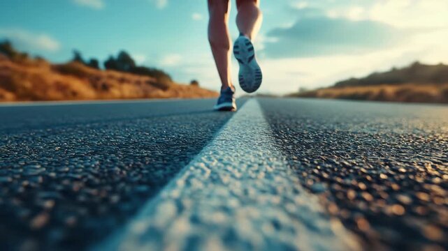 A young individual jogging down the street during sunset.