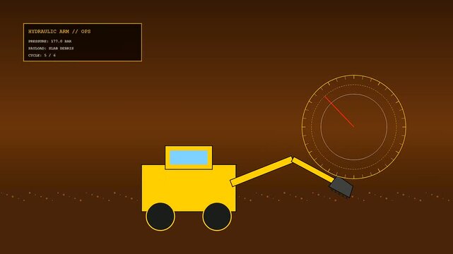 Concrete recycling is demonstrated as a digital yellow construction vehicle operates an hydraulic arm moving debris in a simulated mechanical interface during a site operation