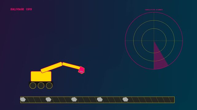 Digital concrete recycling radar interface features a yellow construction vehicle arm moving along a conveyor belt while scanning surroundings within a virtual software environment display window