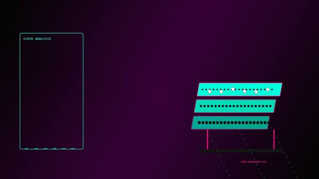 A digital graphic of concrete recycling illustrates the mechanical sieve process with multiple stacked platforms performing particle separation on a dark violet gradient studio atmosphere screen