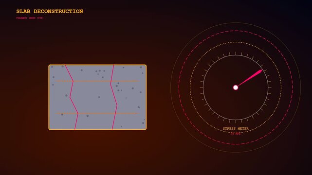 Concrete recycling process shown through a digital interface displaying stress levels on rectangular slab fragments breaking apart within a dark red glowing monitor visual environment