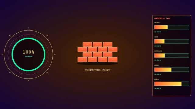 Concrete recycling process shown through a digital interface displaying material ratios and stackable brick assembly sequences for industrial building projects in a glowing graphical dark environment