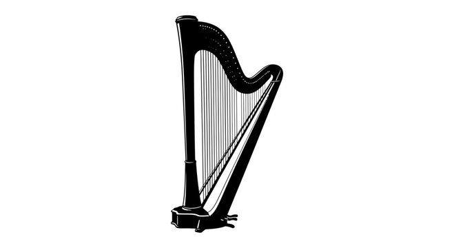 Elegant concert harp design presented as a black silhouette lyre