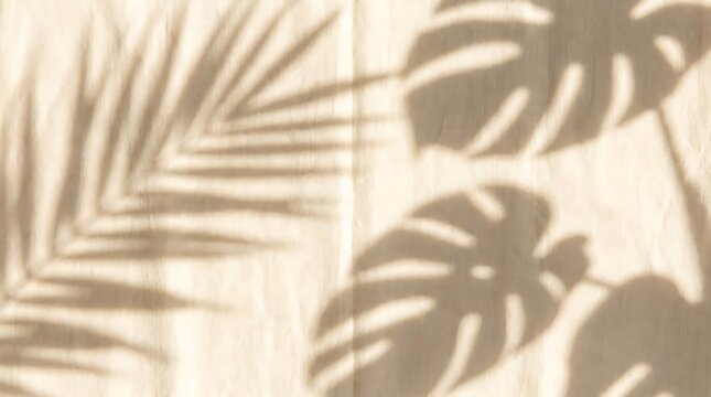 Minimal shadow background of monstera and palm leaves on beige fabric