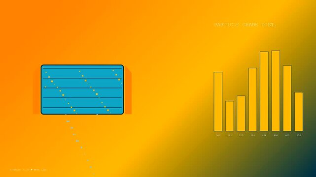 Concrete recycling visuals shown through digital bar graphs with orange gradients display material particle distribution analysis during a process of testing aggregate samples in a laboratory
