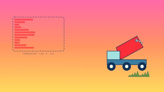 Concrete recycling is depicted through a cartoon truck operation process with active log tracking numbers displayed on a vibrant orange and yellow gradient background visual display