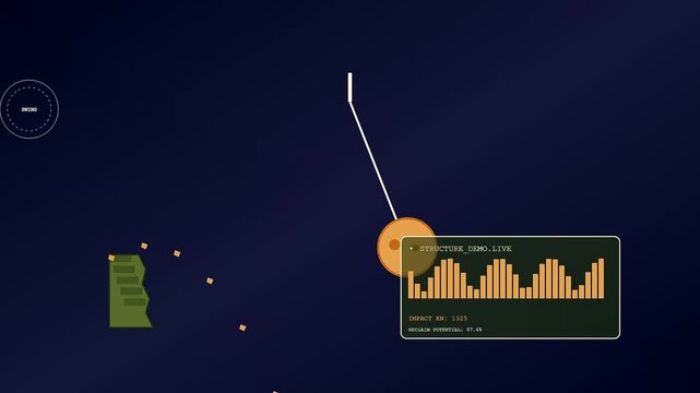 Concrete recycling is simulated in this abstract animation showing a swinging demolition ball impacting a stone wall while digital data graphs monitor the force impacts