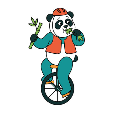 Cute cartoon panda riding a unicycle while eating bamboo isolated on white background