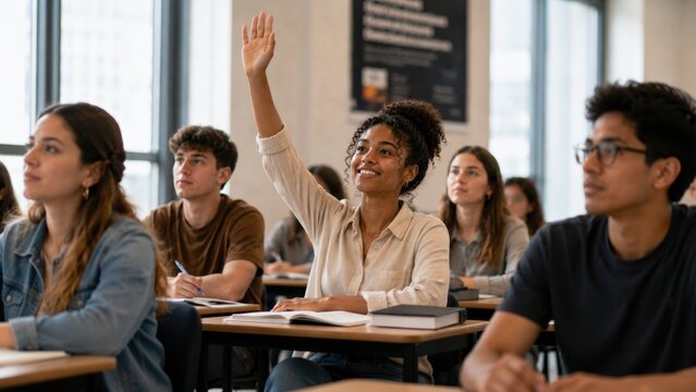 . Smiling African American female college student raising hand during a university seminar