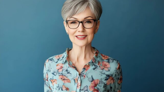 A cheerful elderly lady posing for a with glasses and floral pattern blouse.