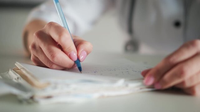 Medical practitioner diligently completing patient health documentation forms. Healthcare provider accurately noting patient observations and medical information on official records at clinic