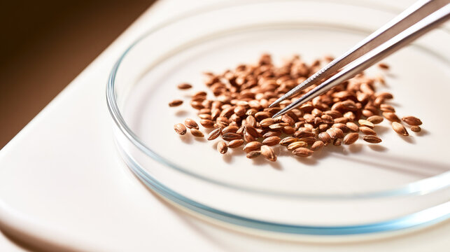 Seed tweezer wheat laboratory quality testing close up selection of healthy grain on glass dish with daylight clean bench minimal background careful detail
