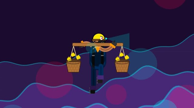 2D animation of a sulfur miner with a hard hat and gas mask carrying baskets of sulfur on a shoulder pole against an abstract background of wavy lines and glowing orbs